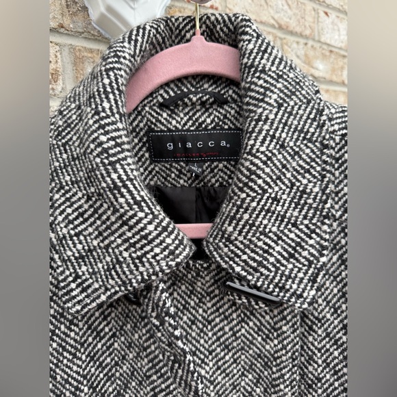 Giacca black and white herringbone tweed double-breasted belted pea coat, - Picture 2 of 4